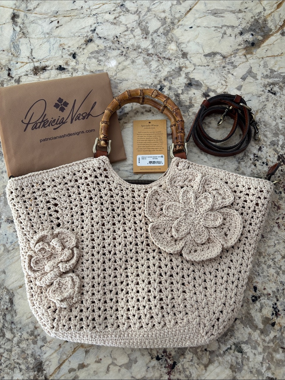 Patricia Nash Mazara Cream Crochet Tote with Bamboo Handles